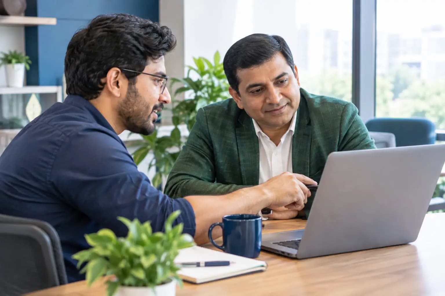 A consultant walking a business owner through software on a laptop.