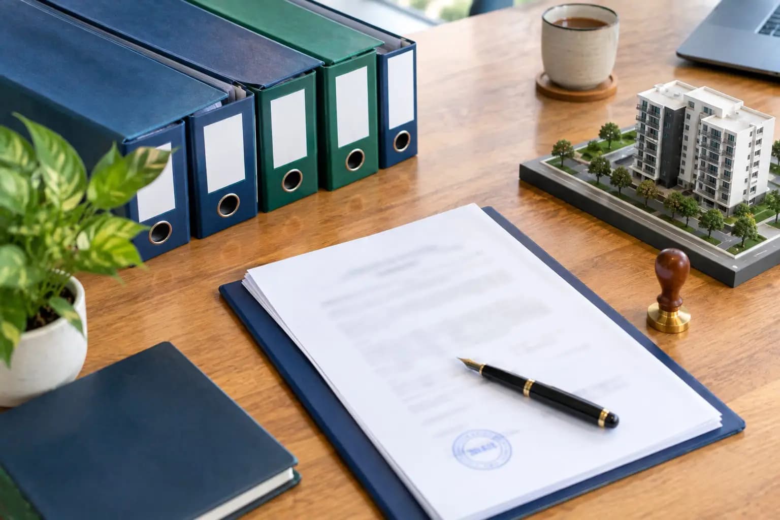 Neatly organised property documents and files on a desk.