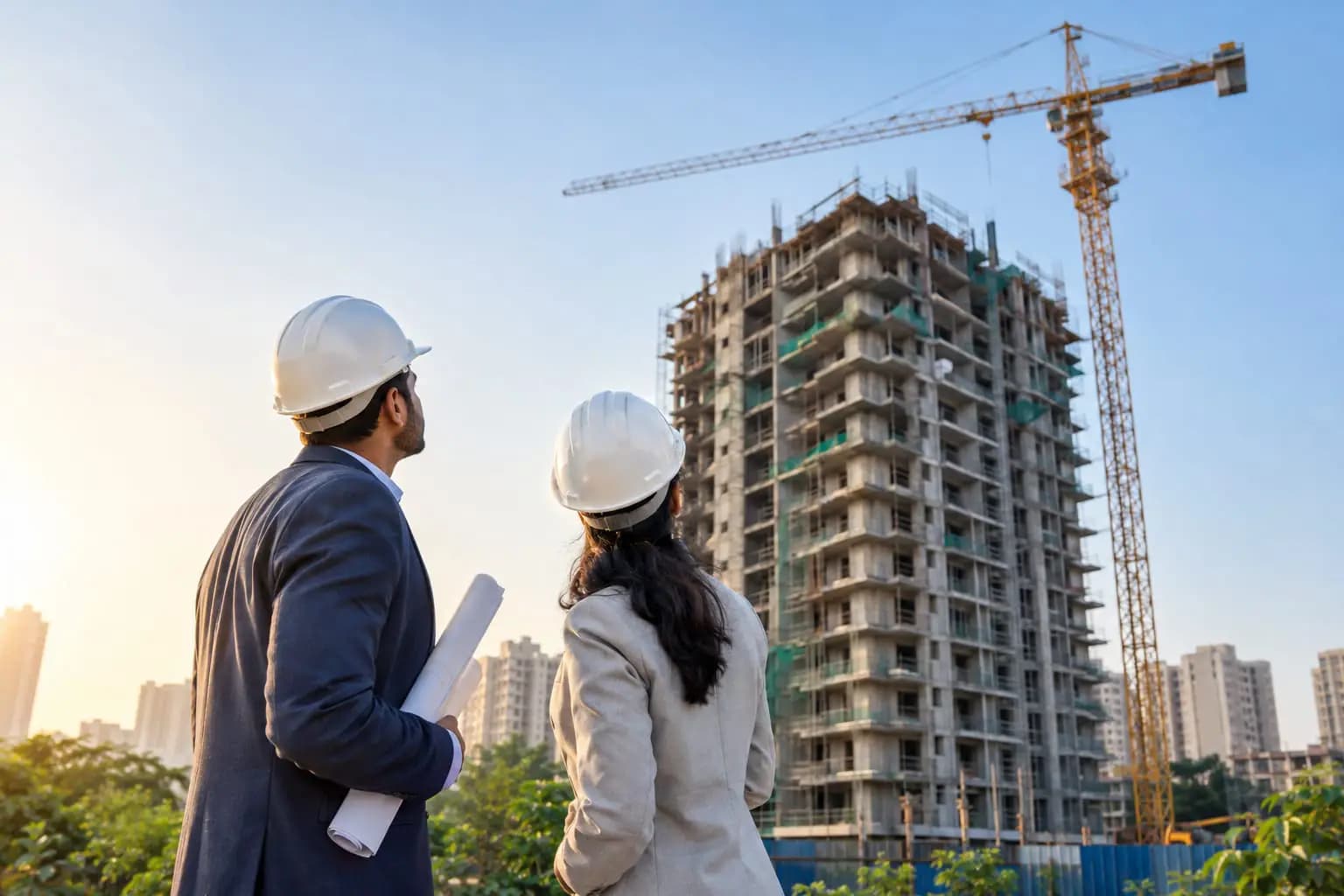 Two developers reviewing plans in front of a residential tower under construction.