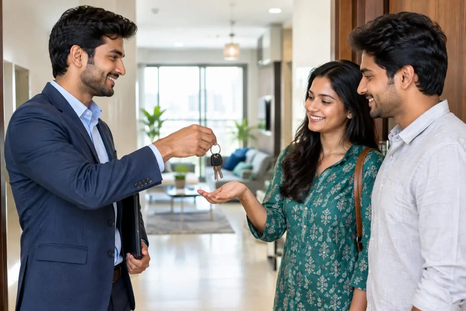 A property broker handing house keys to a client.