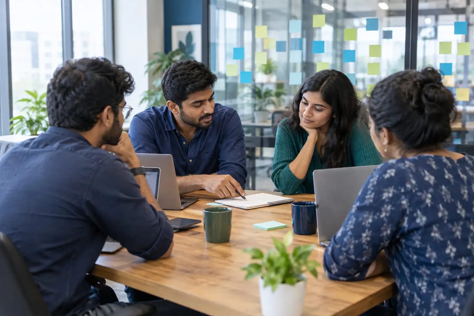A small product team working around a table with laptops.
