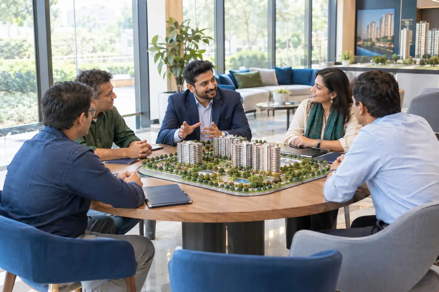 A group of channel partners in a meeting with a developer’s sales head.