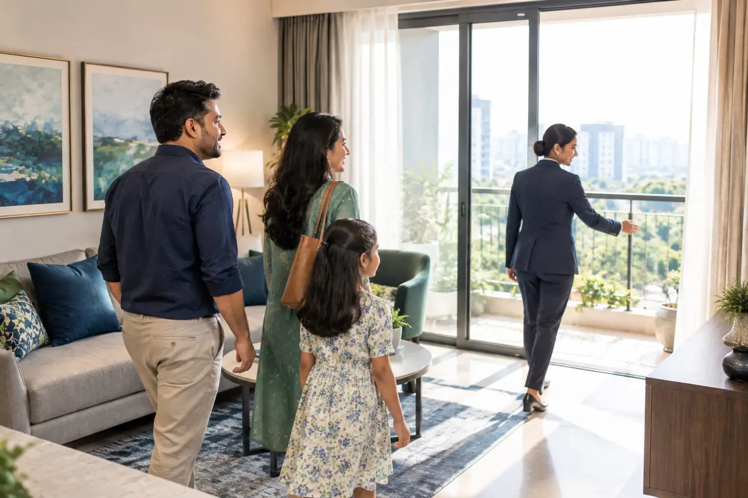 A family walking through a sample flat with a sales consultant.